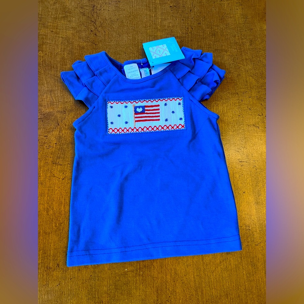New Vive La Fete hand smocked patriotic top shirt blue red American flag 18m bab